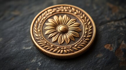 A single, perfectly centered, antique gold coin with intricate relief details, showing signs of wear but still lustrous