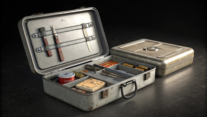 Vintage metal toolbox with various tools and equipment, open on a dark surface, showcasing a collection of antique items and organized compartments