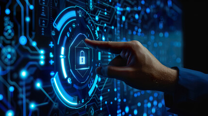 Cybersecurity Concept with Finger Touching Security Button