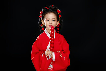 Chinese girl wearing Chinese Ming Dynasty Hanfu on black background