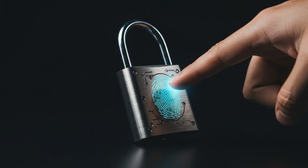 Secure Fingerprint Lock Technology - Close-up of a finger unlocking a biometric padlock, highlighting modern security technology