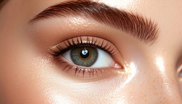 Ein Traum aus Blau: Nahaufnahme von weiblichen Augen mit makellosem Make-up, die Sch&ouml;nheit von Iris, Wimpern und Augenbrauen im Blick