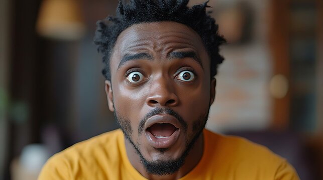 A young man with shocked expression, wide eyes, and an open mouth, conveying surprise or disbelief in a cozy indoor setting.