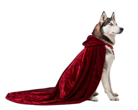 A majestic husky sitting regally wearing a long red velvet cape with a hood looking to the right
