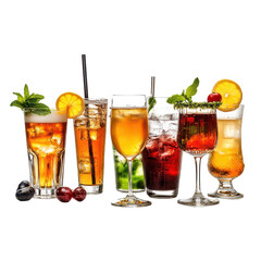 Fototapeta premium Colorful assortment of refreshing cocktails displayed on a white backdrop during a summer gathering