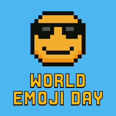Vector illustration for World Emoji Day featuring fun pixel art style emojis and retro 8 bit design on a pink background. Includes various expressive smiley faces and hearts. Perfect for celebration