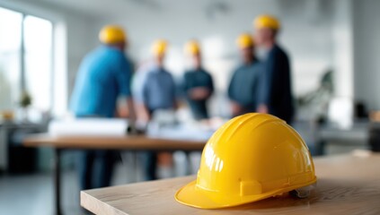 Hard hat is prominently placed table, symbolizing safety and construction. In background, group of professionals engages discussion, highlighting teamwork and collaboration modern workspace