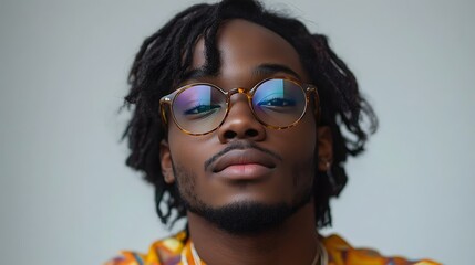 Stylish young man with curly hair and glasses, showcasing confidence and modern fashion against a neutral background.