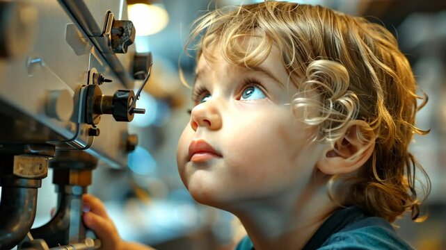 child learning from dad watching home repair