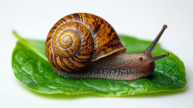 A close-up of a beautifully detailed snail on a green leaf, showcasing its spiral shell and distinct features against a clean background.