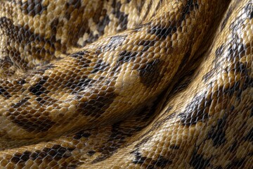 Fototapeta premium Closeup view of snake skin featuring a mosaic of brown and black scales