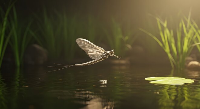 Mayfly in Flight Above Still Pond Water: Serene Nature Photography