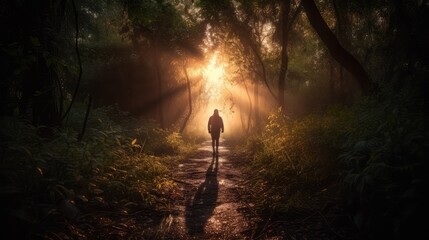 Sunlight pierces through the morning mist on a forest path, revealing a serene landscape of green trees and autumn woods, where a woman walks amidst the tranquil beauty of nature