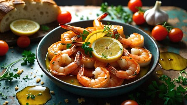 A vibrant dish featuring succulent shrimp garnished with lemon slices and fresh herbs, accompanied by ripe cherry tomatoes, a loaf of bread, and a clove of garlic on a rustic wooden table.