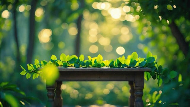 A rustic wooden table adorned with vibrant green leaves, set in a serene, sun-dappled forest backdrop filled with soft bokeh lights, creating a tranquil and inviting atmosphere.