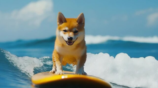 Akito inu on a surfboard in the ocean. 4k animation video