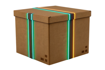 Cardboard Box with Neon Stripes Modern Packaging Design Creative Delivery Concept on Transparent Background, ai generated