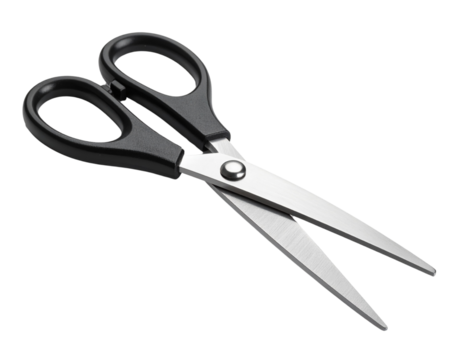 Open Stainless Steel Scissors with Black Handle, Isolated on White Background PNG