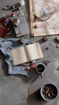 Role-playing game tabletop arrangement with a blank notebook, polyhedral dice, map, journals, and assorted fantasy game elements.