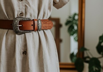 Close-up of beige linen dress with ornate leather belt and buckle