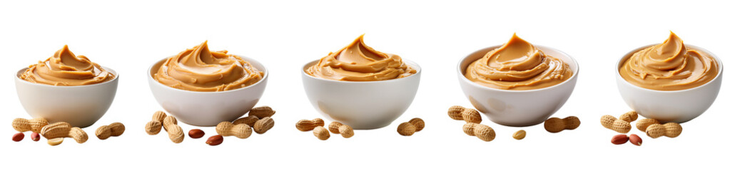 Delicious creamy peanut butter in white bowls with whole peanuts around.