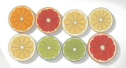 Colorful sliced citrus fruits including oranges, lemons, limes and grapefruits arranged neatly on white background, vibrant and juicy.