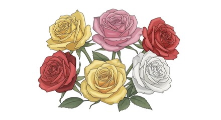 Colorful roses in red, pink, yellow and white arranged on white background, fresh romantic floral collection for decoration and design