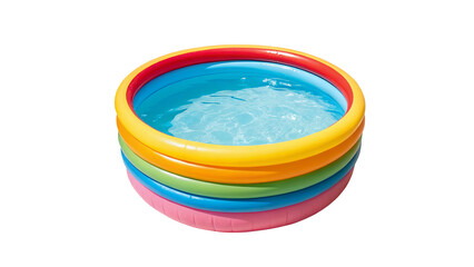 A colorful inflatable kiddie pool filled with water isolated on a white background in a studio shot