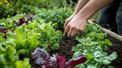 Hands planting lettuce and other greens in a garden bed.