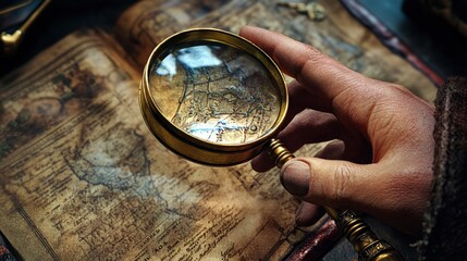 Hand holding magnifying glass over antique map.