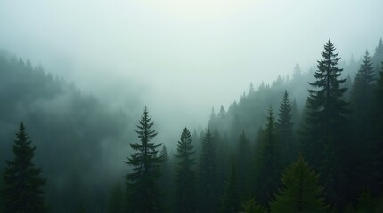 Misty Mountain Forest Evergreen Trees in Fog, Atmospheric Nature Scene, Tranquil Wilderness Landscape