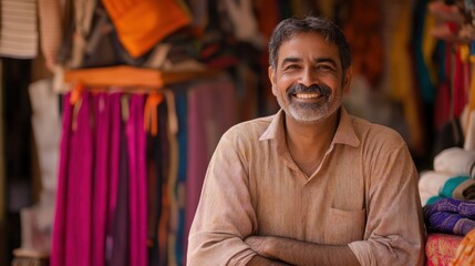 Smiling middle-aged man sitting in his textile shop.