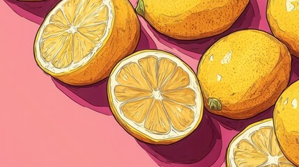 Close-up of halved and whole lemons on pink background.