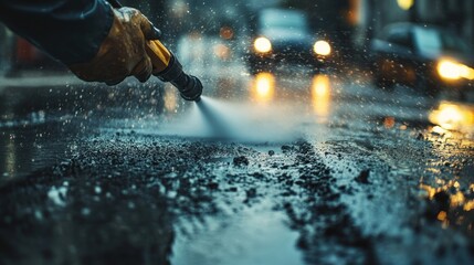 Gloved hand using high-pressure water jet to clean a wet asphalt road at night.