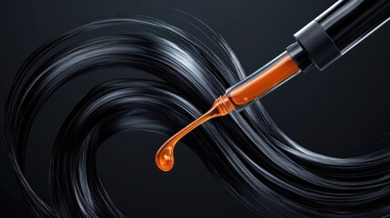 Hair serum dripping onto glossy black hair strands in a swirl.