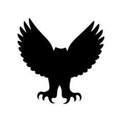 Silhouette of an owl with its wings spread wide open against a plain white background image view