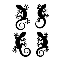 Fototapeta premium Four silhouette images of lizards with curled tails and distinct toes arranged on a white background