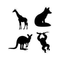 Silhouette illustration showing a giraffe, fox, kangaroo, and orangutan on a white background