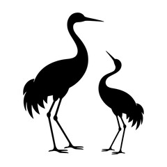 Silhouette illustration of two cranes standing side by side in a simple black and white design style