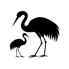 Silhouette of two cranes one adult and one smaller bird standing on a white background in black color