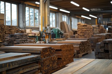 Stacks of lumber are neatly piled in a wood processing factory setting. Use for projects involving woodworking, construction, and manufacturing.