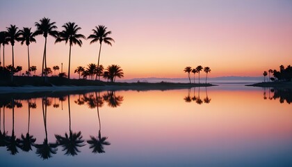 Fototapeta premium Tropical sunset over the tranquil sea with silhouetted palm trees on a romantic beach