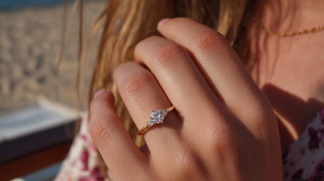 Close-up of a woman’s hand wearing an elegant diamond engagement ring with golden band against soft beach background perfect for wedding invitations, love stories and jewelry branding