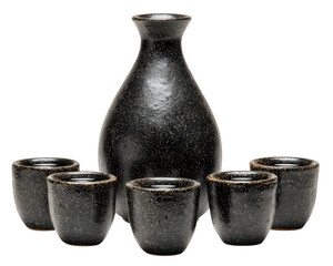 Traditional sake set featuring dark ceramic sake bottle and five matching cups, beautifully arranged. elegant design and rich texture evoke sense of cultural heritage and craftsmanship