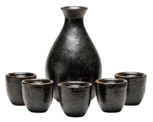 Traditional sake set featuring dark ceramic sake bottle and five matching cups, beautifully arranged. elegant design and rich texture evoke sense of cultural heritage and craftsmanship