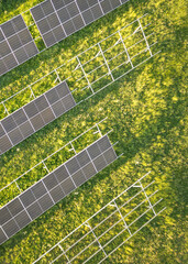 Aerial view of the unfinished solar park on the green field