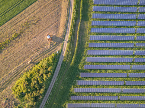 Fototapeta Top down view of the solar farm next to the agricultural field 