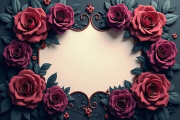 Elegant dark-themed invitation with rich burgundy and deep violet roses. 