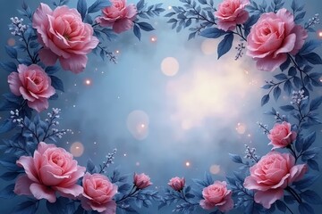 Twilight floral frame with deep rose and faded indigo tones. 