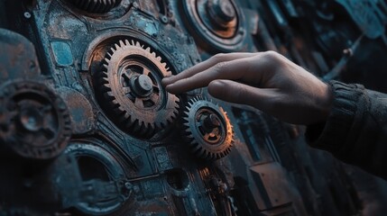 Hand interacting with intricate steampunk-style gear mechanism.